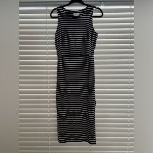 Seraphine navy white stripe nursing/maternity midi dress